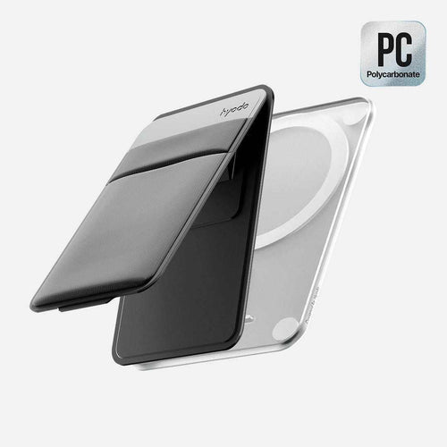 Hyodo's MagBase™ Lite lightweight modular base with FlexiStand Plate showing dual-angle stand and flexible storage features, magsafe wallet